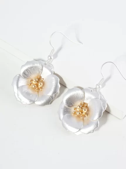 Two-Tone Textured Metal Flower Drop Dangle Earrings